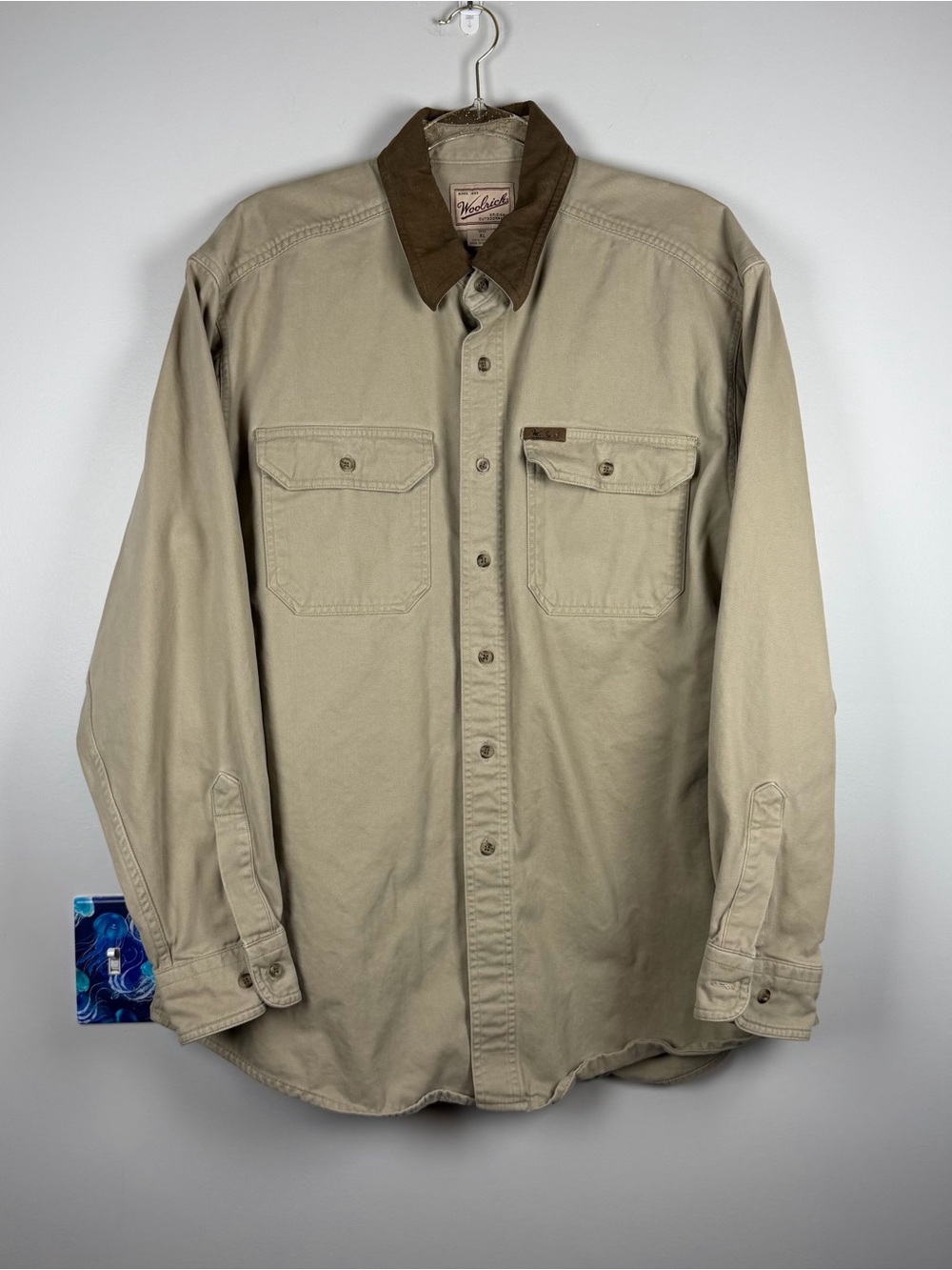 VTG Woolrich Suede Collar Button Up Canvas Barn Cotton Western Tan Shirt Mens XL